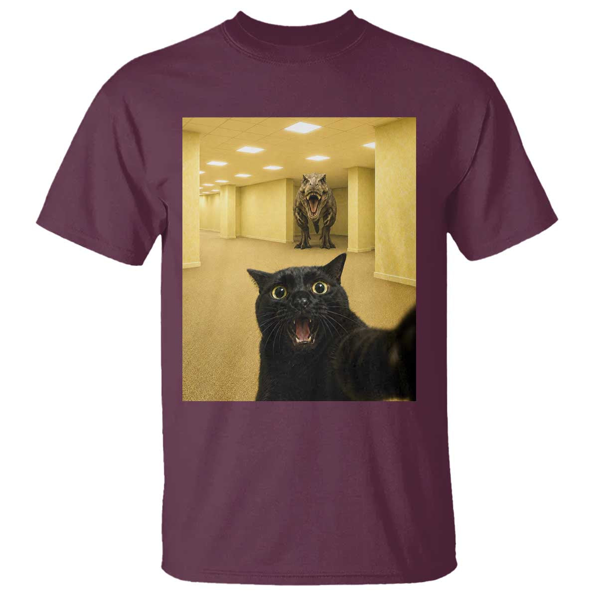 Black Cat Selfie with Dinosaur in The Backrooms Liminal Space Graphic T Shirt Liminal Space Urban Legend Meme TS10 Maroon Print Your Wear
