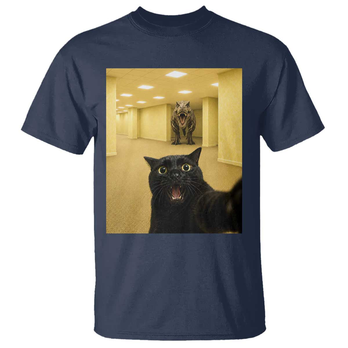 Black Cat Selfie with Dinosaur in The Backrooms Liminal Space Graphic T Shirt Liminal Space Urban Legend Meme TS10 Navy Print Your Wear