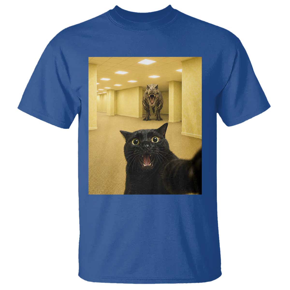Black Cat Selfie with Dinosaur in The Backrooms Liminal Space Graphic T Shirt Liminal Space Urban Legend Meme TS10 Royal Blue Print Your Wear