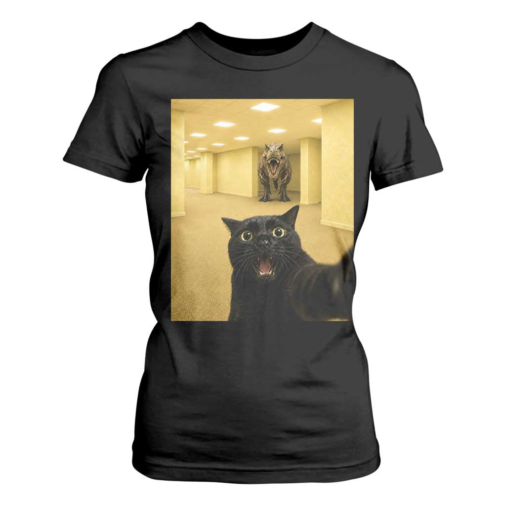 Black Cat Selfie with Dinosaur in The Backrooms Liminal Space Graphic T Shirt For Women Liminal Space Urban Legend Meme TS10 Black Print Your Wear