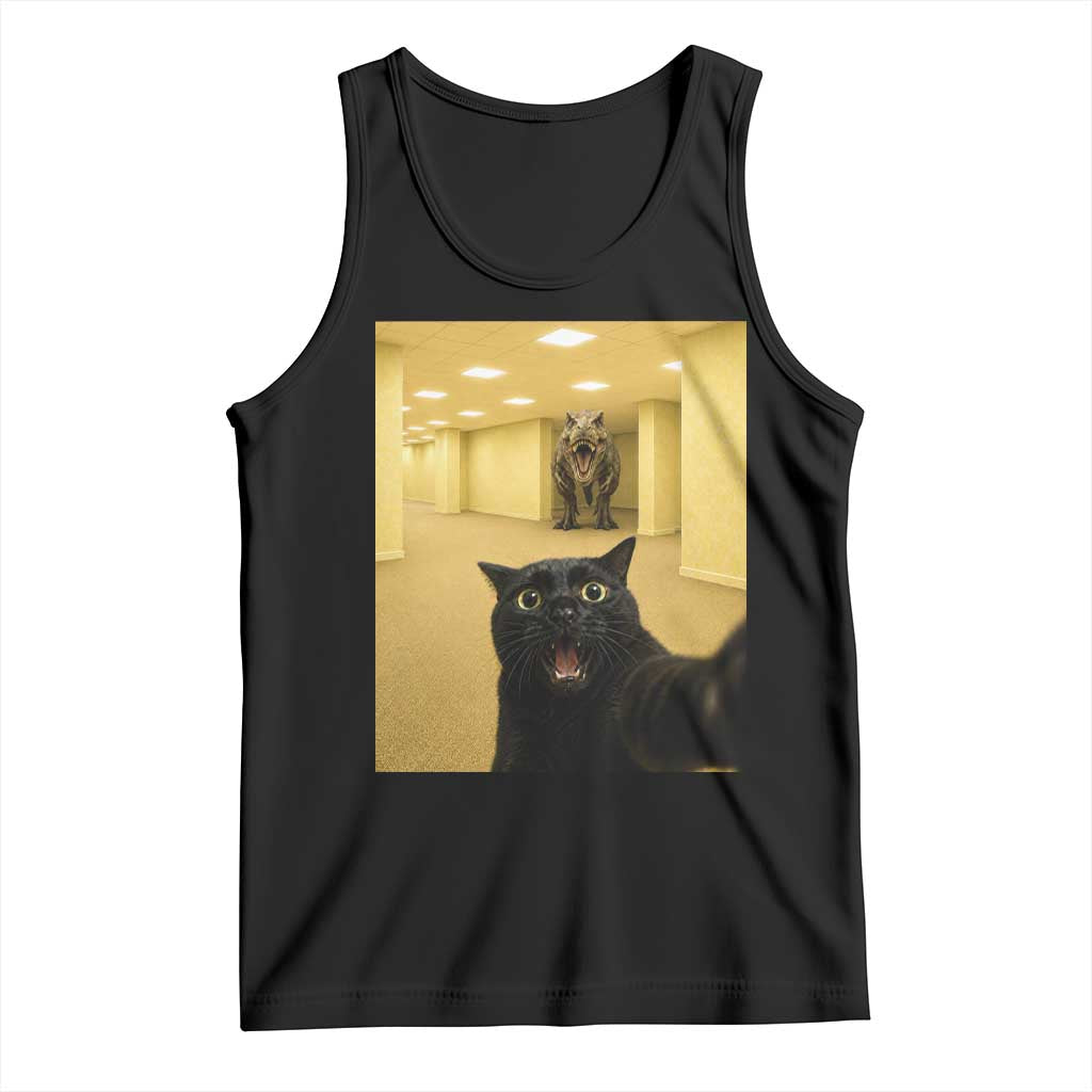 Black Cat Selfie with Dinosaur in The Backrooms Liminal Space Graphic Tank Top Liminal Space Urban Legend Meme TS10 Black Print Your Wear