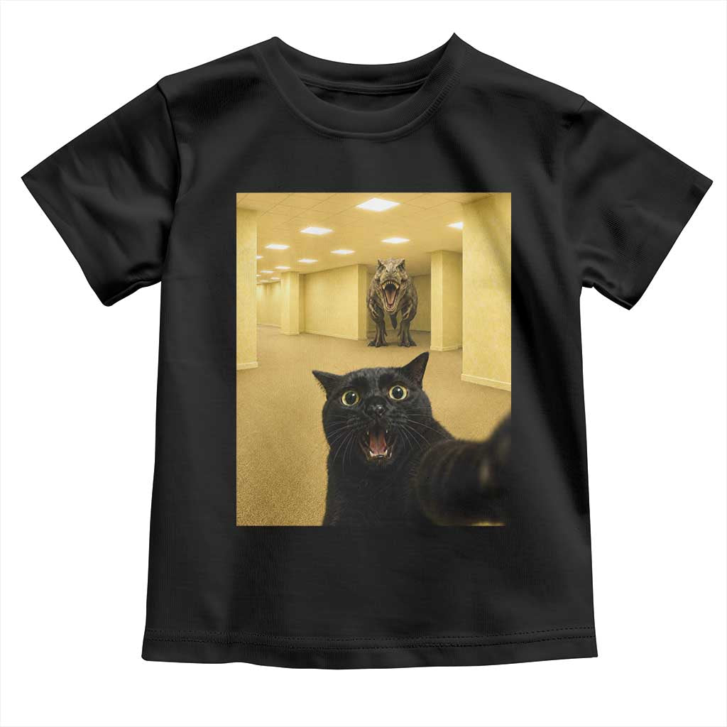 Black Cat Selfie with Dinosaur in The Backrooms Liminal Space Graphic Toddler T Shirt Liminal Space Urban Legend Meme TS10 Black Print Your Wear