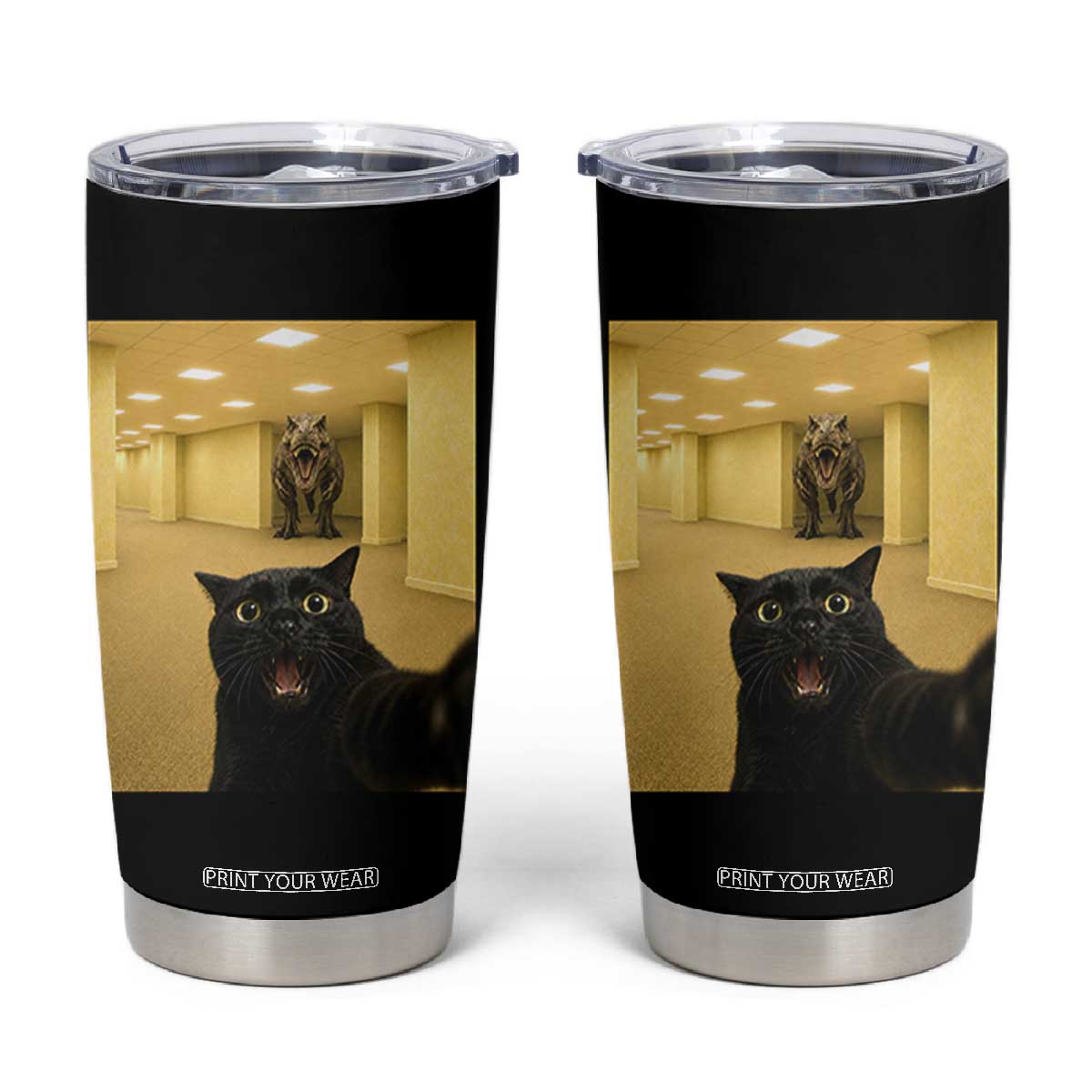 Black Cat Selfie with Dinosaur in The Backrooms Liminal Space Graphic Tumbler Cup Liminal Space Urban Legend Meme TS10 Black Print Your Wear