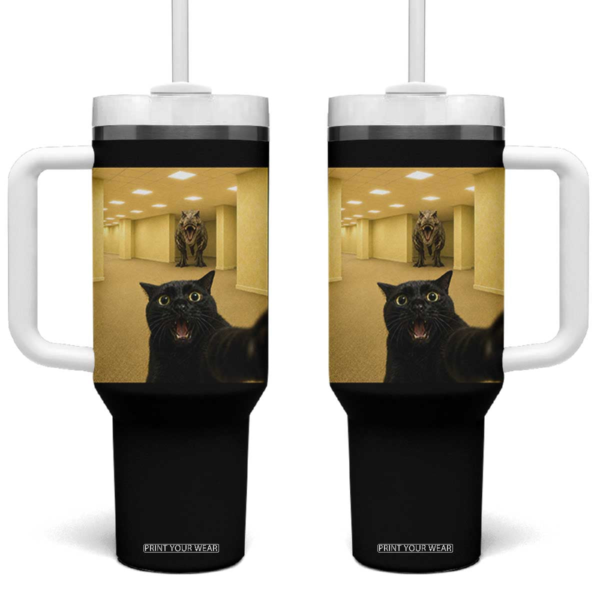 Black Cat Selfie with Dinosaur in The Backrooms Liminal Space Graphic Tumbler With Handle Liminal Space Urban Legend Meme TS10 One Size: 40 oz Black Print Your Wear
