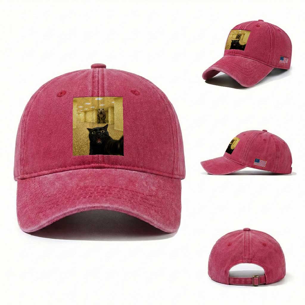 Black Cat Selfie with Dinosaur in The Backrooms Liminal Space Graphic Washed Cotton Baseball Cap Liminal Space Urban Legend Meme TS10 Washed Cap Universal Fit Red Print Your Wear