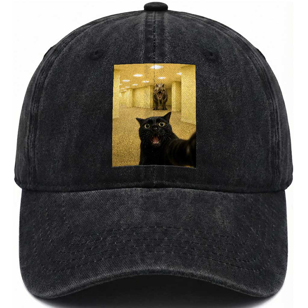 Black Cat Selfie with Dinosaur in The Backrooms Liminal Space Graphic Washed Cotton Baseball Cap Liminal Space Urban Legend Meme TS10 Print Your Wear