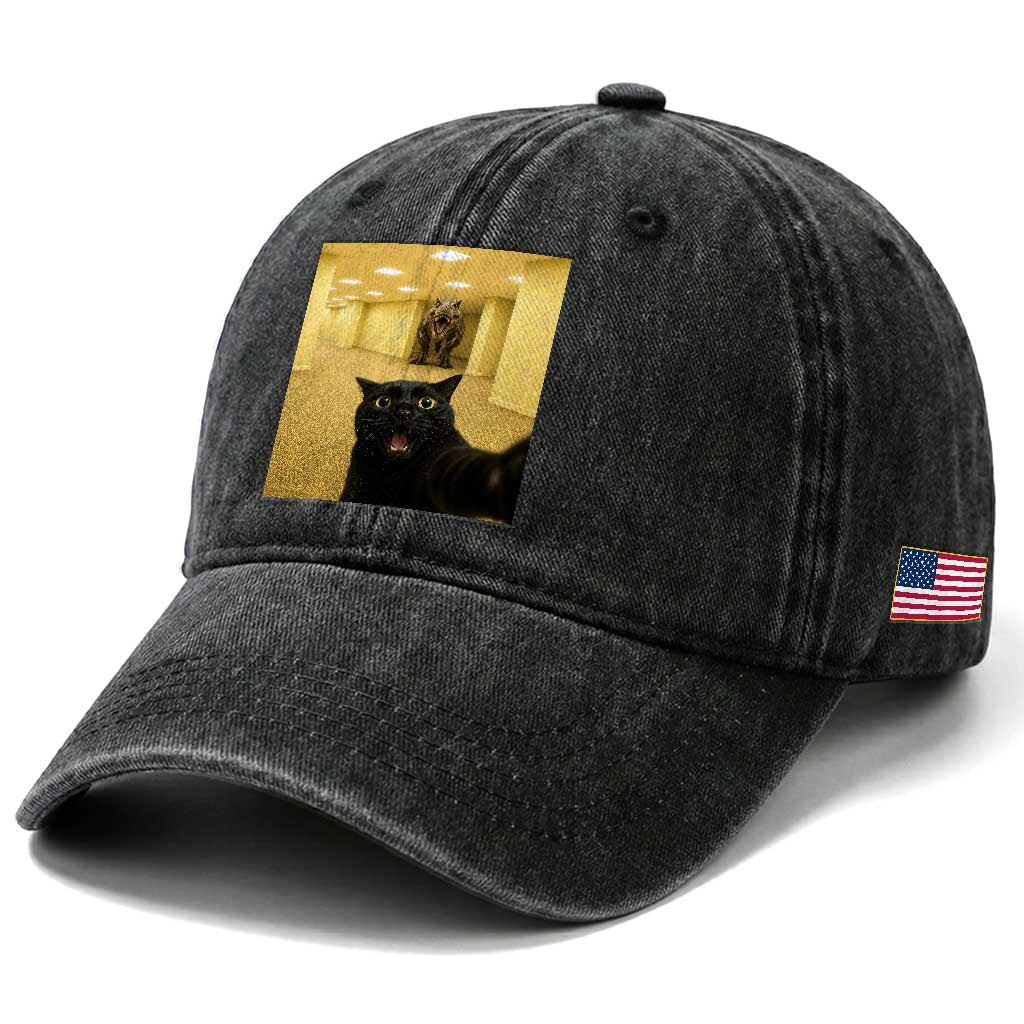 Black Cat Selfie with Dinosaur in The Backrooms Liminal Space Graphic Washed Cotton Baseball Cap Liminal Space Urban Legend Meme TS10 Print Your Wear