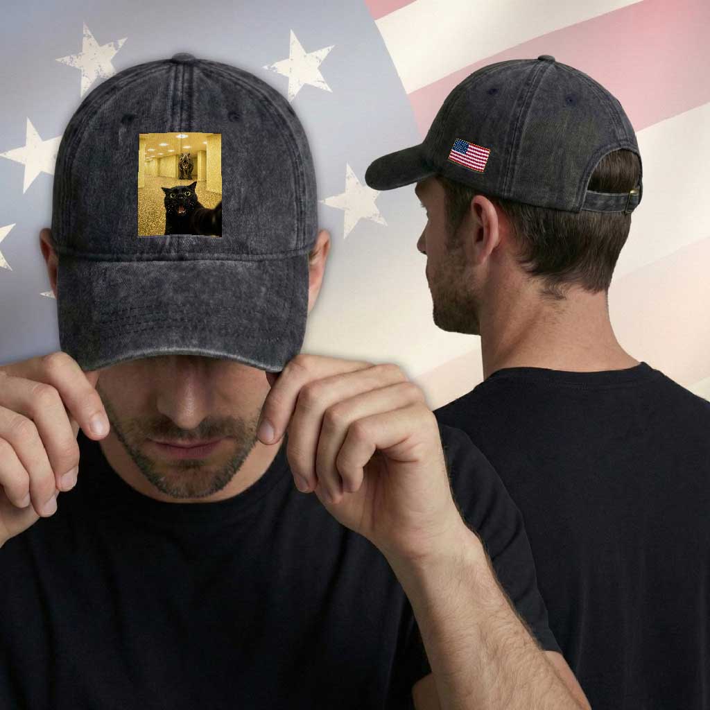 Black Cat Selfie with Dinosaur in The Backrooms Liminal Space Graphic Washed Cotton Baseball Cap Liminal Space Urban Legend Meme TS10 Print Your Wear