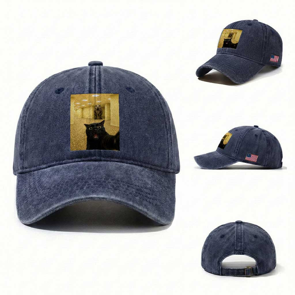 Black Cat Selfie with Dinosaur in The Backrooms Liminal Space Graphic Washed Cotton Baseball Cap Liminal Space Urban Legend Meme TS10 Washed Cap Universal Fit Navy Print Your Wear