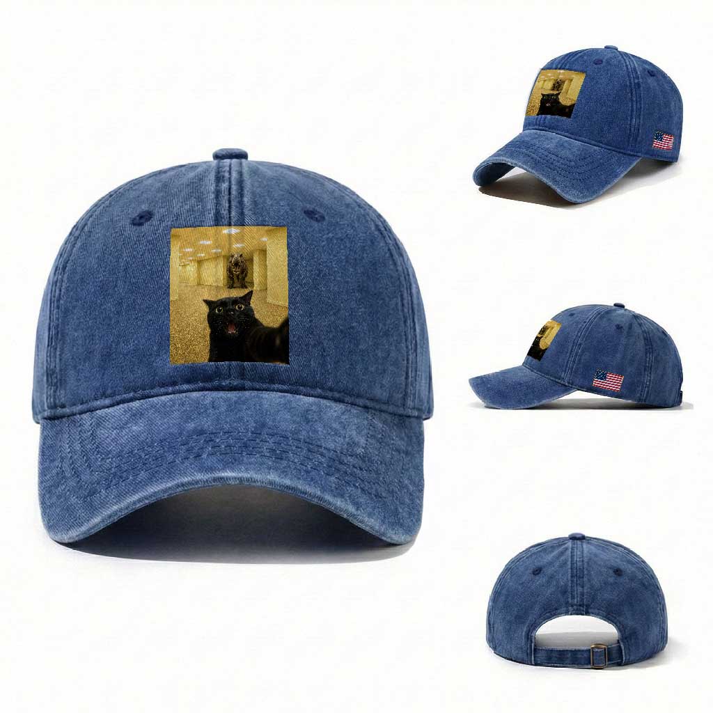 Black Cat Selfie with Dinosaur in The Backrooms Liminal Space Graphic Washed Cotton Baseball Cap Liminal Space Urban Legend Meme TS10 Washed Cap Universal Fit Royal Blue Print Your Wear