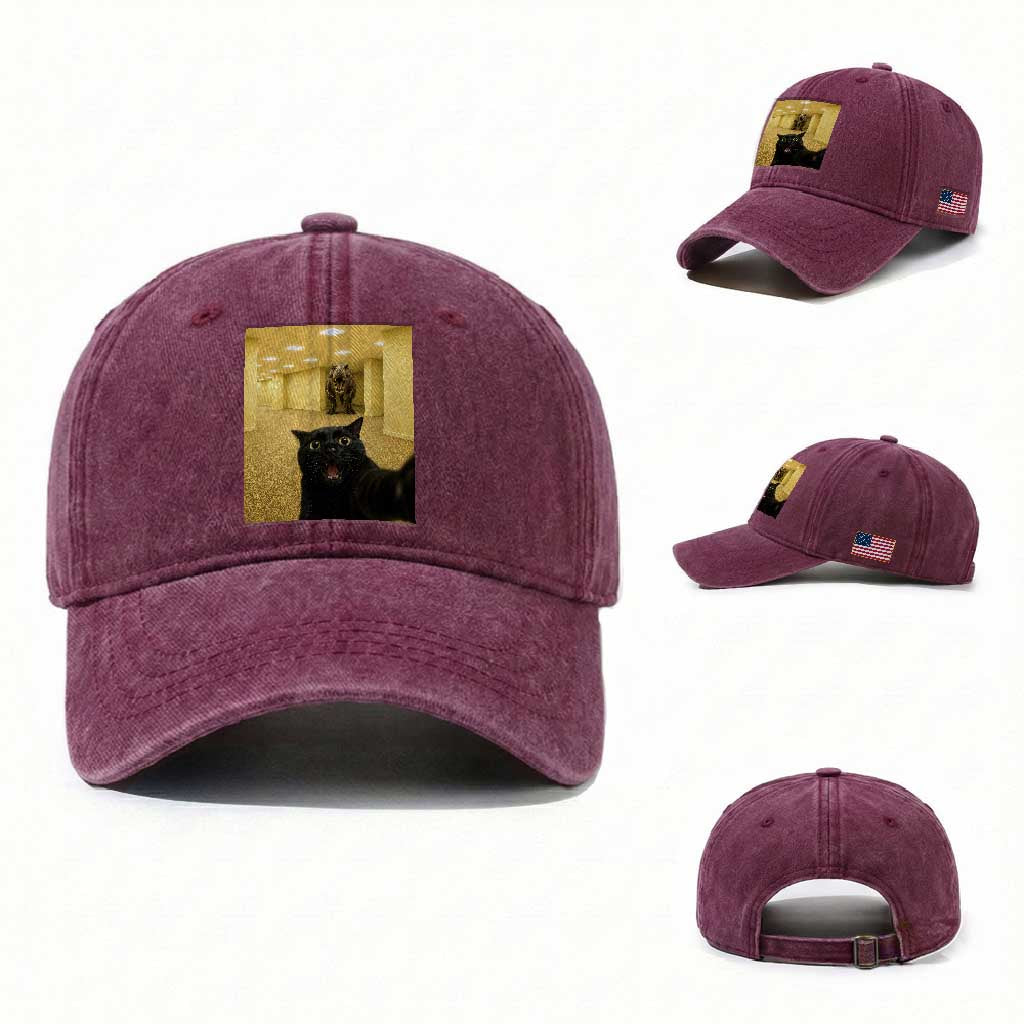 Black Cat Selfie with Dinosaur in The Backrooms Liminal Space Graphic Washed Cotton Baseball Cap Liminal Space Urban Legend Meme TS10 Washed Cap Universal Fit Burgundy Print Your Wear