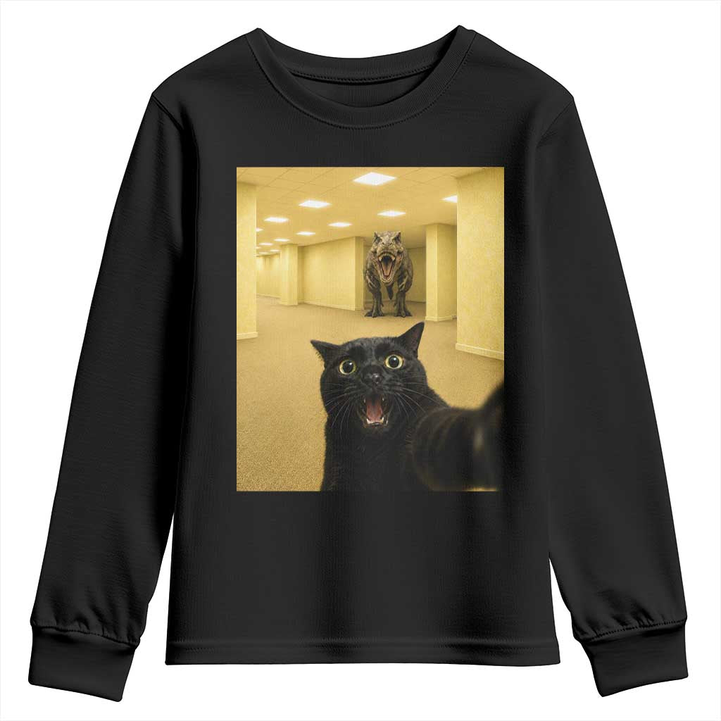 Black Cat Selfie with Dinosaur in The Backrooms Liminal Space Graphic Youth Sweatshirt Liminal Space Urban Legend Meme TS10 Black Print Your Wear