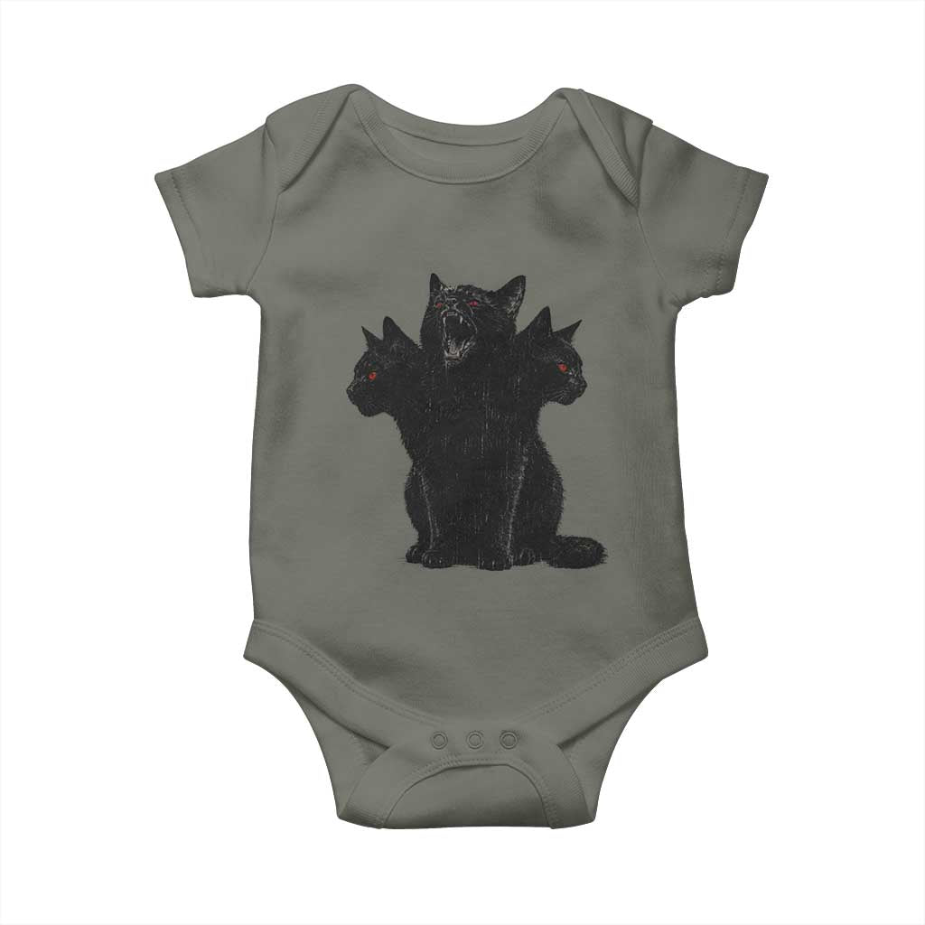 Purrberus 3 Headed Black Cat Gothic Mythology Graphic Baby Onesie Vintage Grunge Alt 90s Halloween Goth Horror TS10 Military Green Print Your Wear