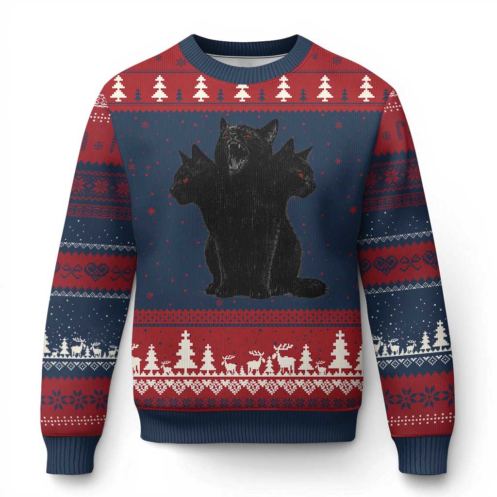 Purrberus 3 Headed Black Cat Gothic Mythology Graphic Ugly Christmas Sweater Vintage Grunge Alt 90s Halloween Goth Horror TS10 Navy Red Print Your Wear