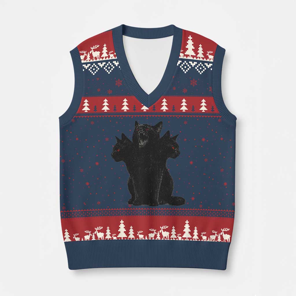 Purrberus 3 Headed Black Cat Gothic Mythology Graphic V-Neck Knit Sweater Vest Vintage Grunge Alt 90s Halloween Goth Horror TS10 Navy Red Print Your Wear