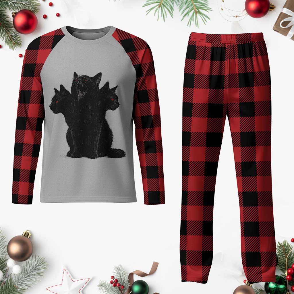Purrberus 3 Headed Black Cat Gothic Mythology Graphic Plaid Pajama Set Vintage Grunge Alt 90s Halloween Goth Horror TS10 Buffalo Plaid Print Your Wear