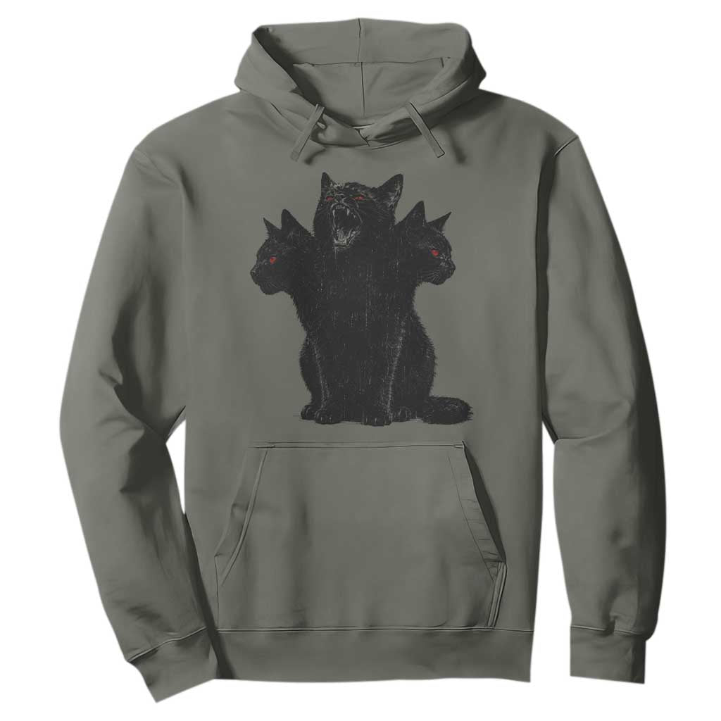 Purrberus 3 Headed Black Cat Gothic Mythology Graphic Hoodie Vintage Grunge Alt 90s Halloween Goth Horror TS10 Military Green Print Your Wear