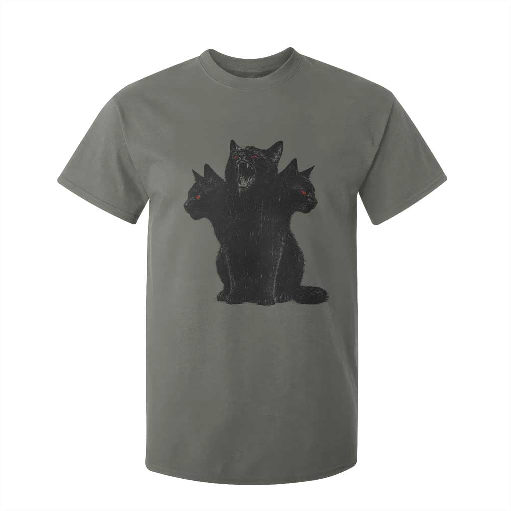 Purrberus 3 Headed Black Cat Gothic Mythology Graphic T Shirt For Kid Vintage Grunge Alt 90s Halloween Goth Horror TS10 Military Green Print Your Wear