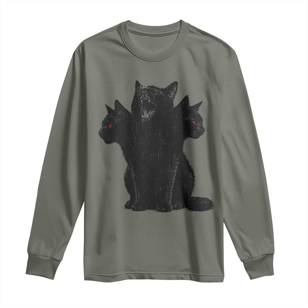 Purrberus 3 Headed Black Cat Gothic Mythology Graphic Long Sleeve Shirt Vintage Grunge Alt 90s Halloween Goth Horror TS10 Military Green Print Your Wear