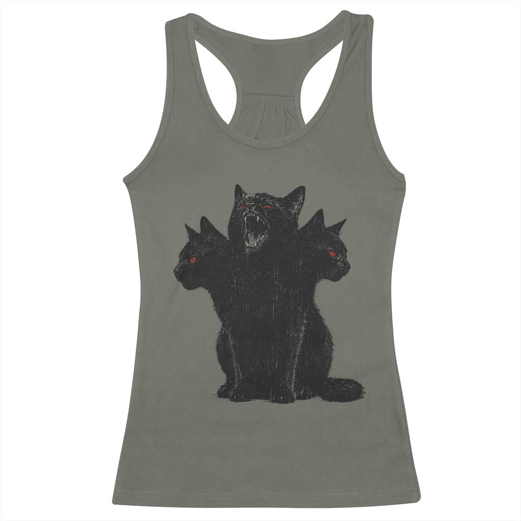 Purrberus 3 Headed Black Cat Gothic Mythology Graphic Racerback Tank Top Vintage Grunge Alt 90s Halloween Goth Horror TS10 Military Green Print Your Wear