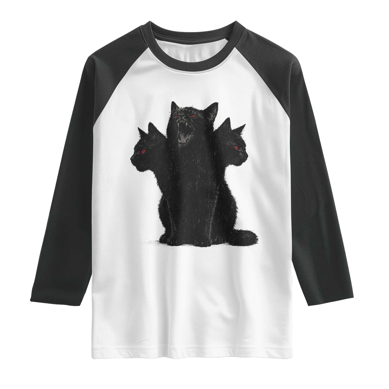 Purrberus 3 Headed Black Cat Gothic Mythology Graphic Raglan Shirt Vintage Grunge Alt 90s Halloween Goth Horror TS10 White Black Print Your Wear