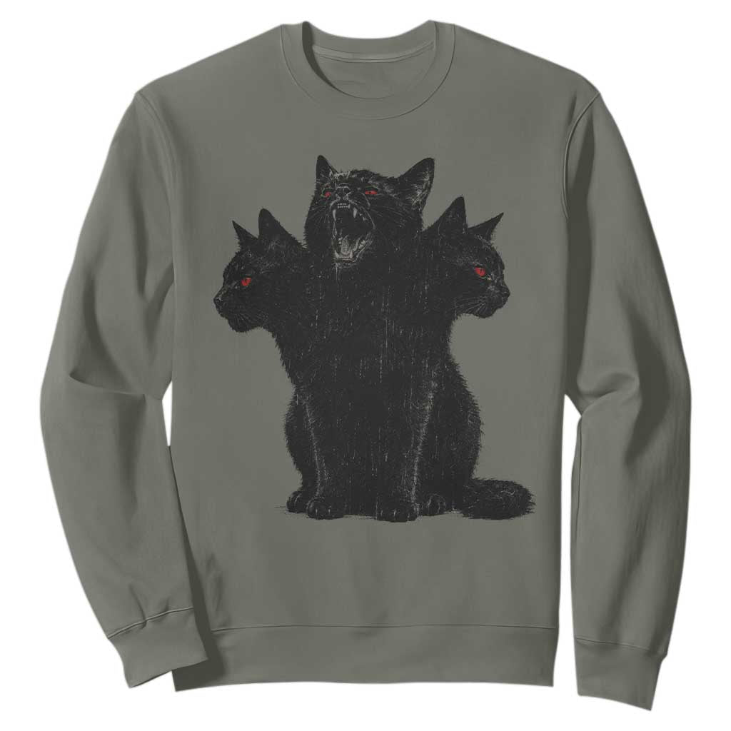 Purrberus 3 Headed Black Cat Gothic Mythology Graphic Sweatshirt Vintage Grunge Alt 90s Halloween Goth Horror TS10 Military Green Print Your Wear