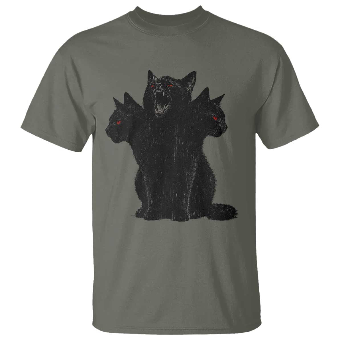 Purrberus 3 Headed Black Cat Gothic Mythology Graphic T Shirt Vintage Grunge Alt 90s Halloween Goth Horror TS10 Military Green Print Your Wear