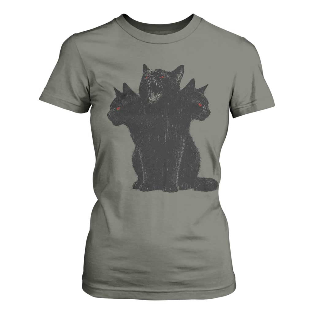 Purrberus 3 Headed Black Cat Gothic Mythology Graphic T Shirt For Women Vintage Grunge Alt 90s Halloween Goth Horror TS10 Military Green Print Your Wear