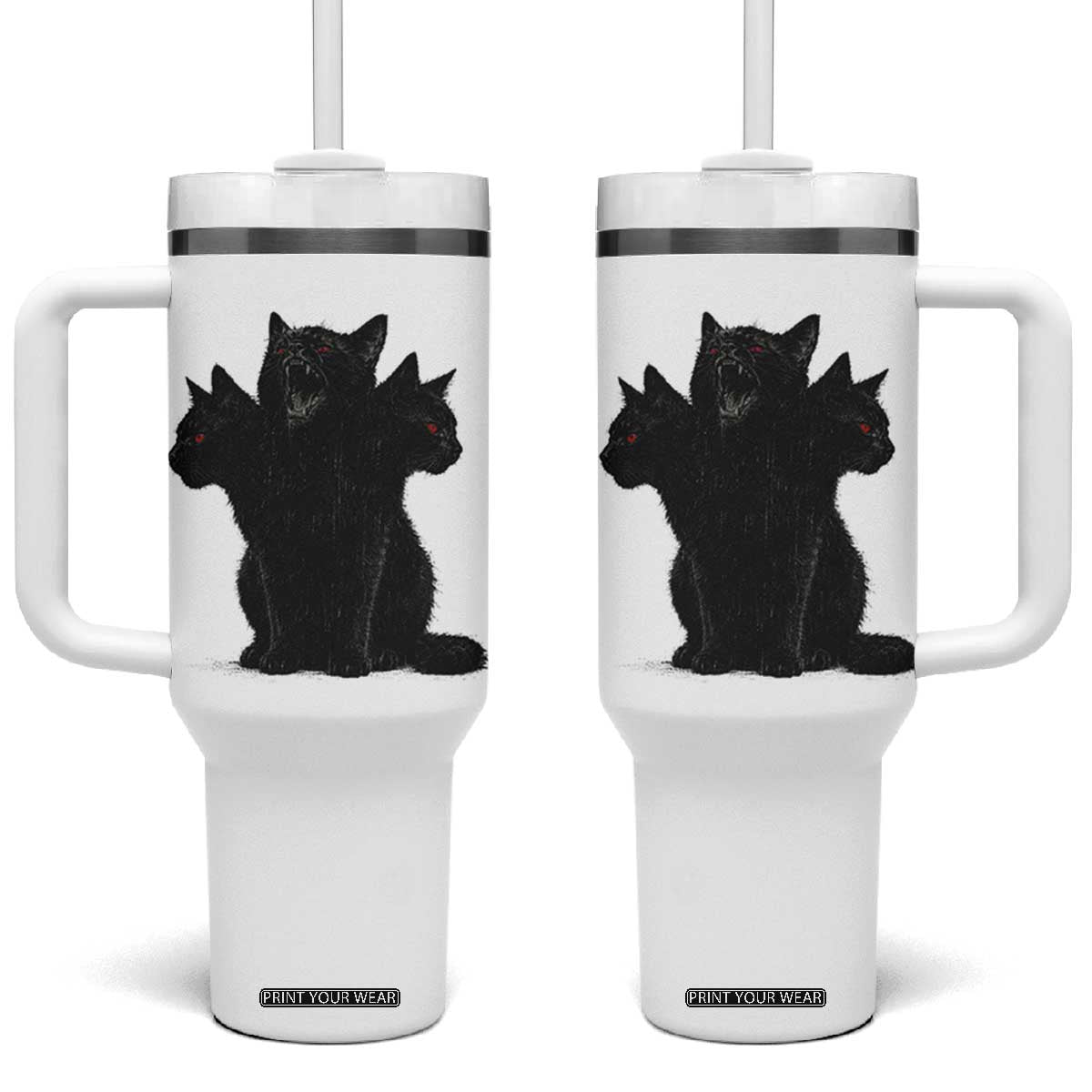 Purrberus 3 Headed Black Cat Gothic Mythology Graphic Tumbler With Handle Vintage Grunge Alt 90s Halloween Goth Horror TS10 One Size: 40 oz White Print Your Wear