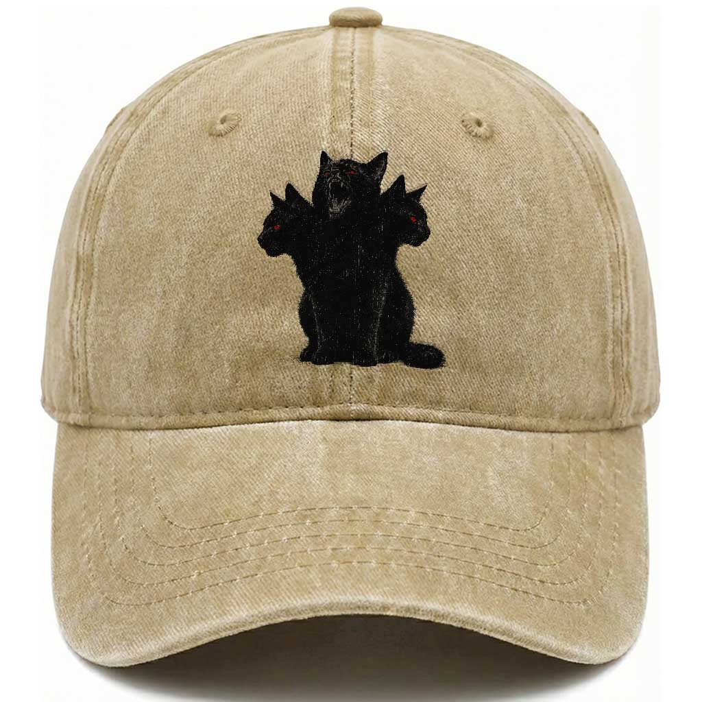 Purrberus 3 Headed Black Cat Gothic Mythology Graphic Washed Cotton Baseball Cap Vintage Grunge Alt 90s Halloween Goth Horror TS10 Print Your Wear