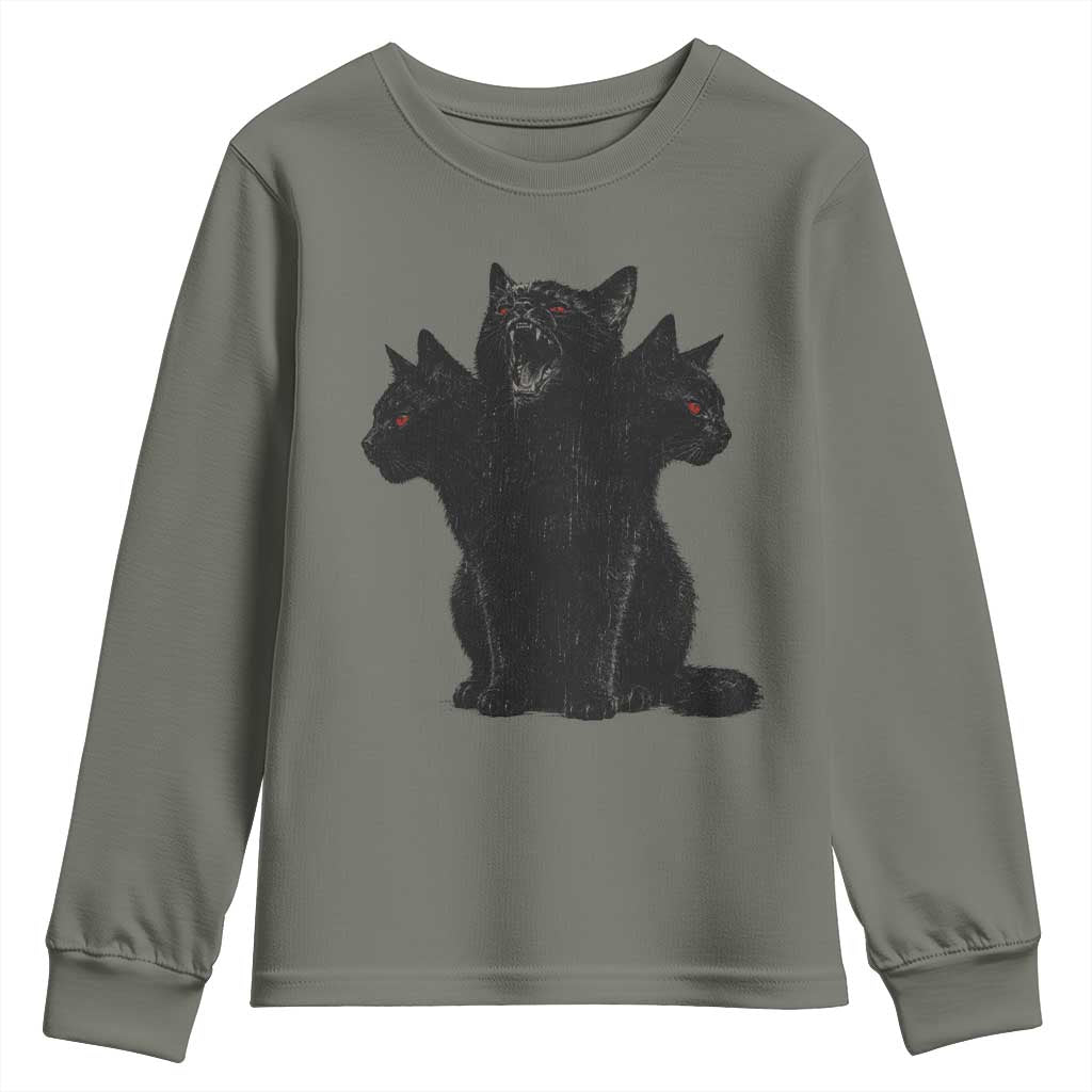 Purrberus 3 Headed Black Cat Gothic Mythology Graphic Youth Sweatshirt Vintage Grunge Alt 90s Halloween Goth Horror TS10 Military Green Print Your Wear