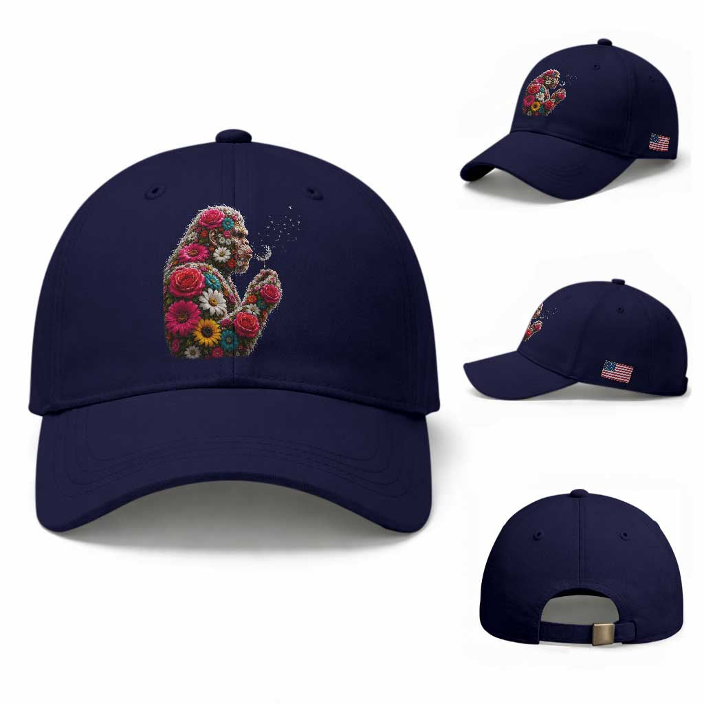 Floral Bigfoot Blowing Wishes Dandelion Baseball Cap Vintage Sasquatch Art Botanical Wildlife Graphic TS10 Baseball Cap Universal Fit Dark Blue Print Your Wear