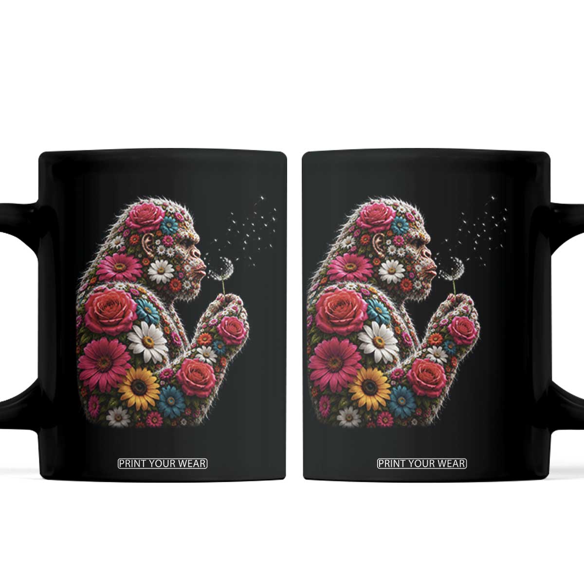 Floral Bigfoot Blowing Wishes Dandelion Coffee Mug Vintage Sasquatch Art Botanical Wildlife Graphic TS10 Black Print Your Wear