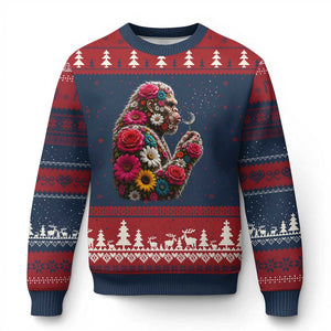 Floral Bigfoot Blowing Wishes Dandelion Ugly Christmas Sweater Vintage Sasquatch Art Botanical Wildlife Graphic TS10 Navy Red Print Your Wear