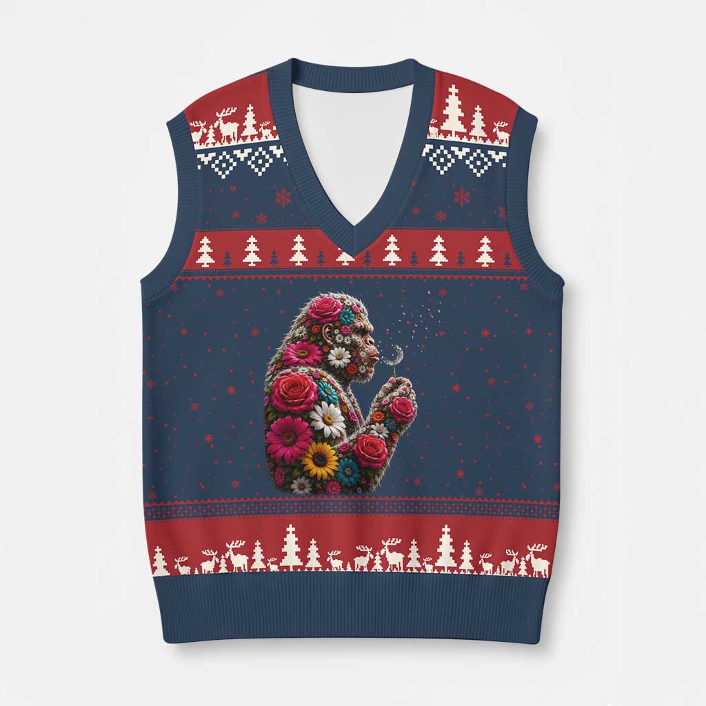Floral Bigfoot Blowing Wishes Dandelion V-Neck Knit Sweater Vest Vintage Sasquatch Art Botanical Wildlife Graphic TS10 Navy Red Print Your Wear