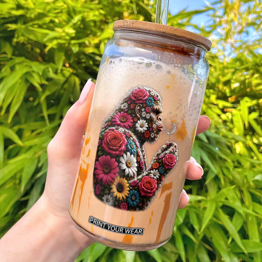 Floral Bigfoot Blowing Wishes Dandelion Glass Can Vintage Sasquatch Art Botanical Wildlife Graphic TS10 Black Print Your Wear