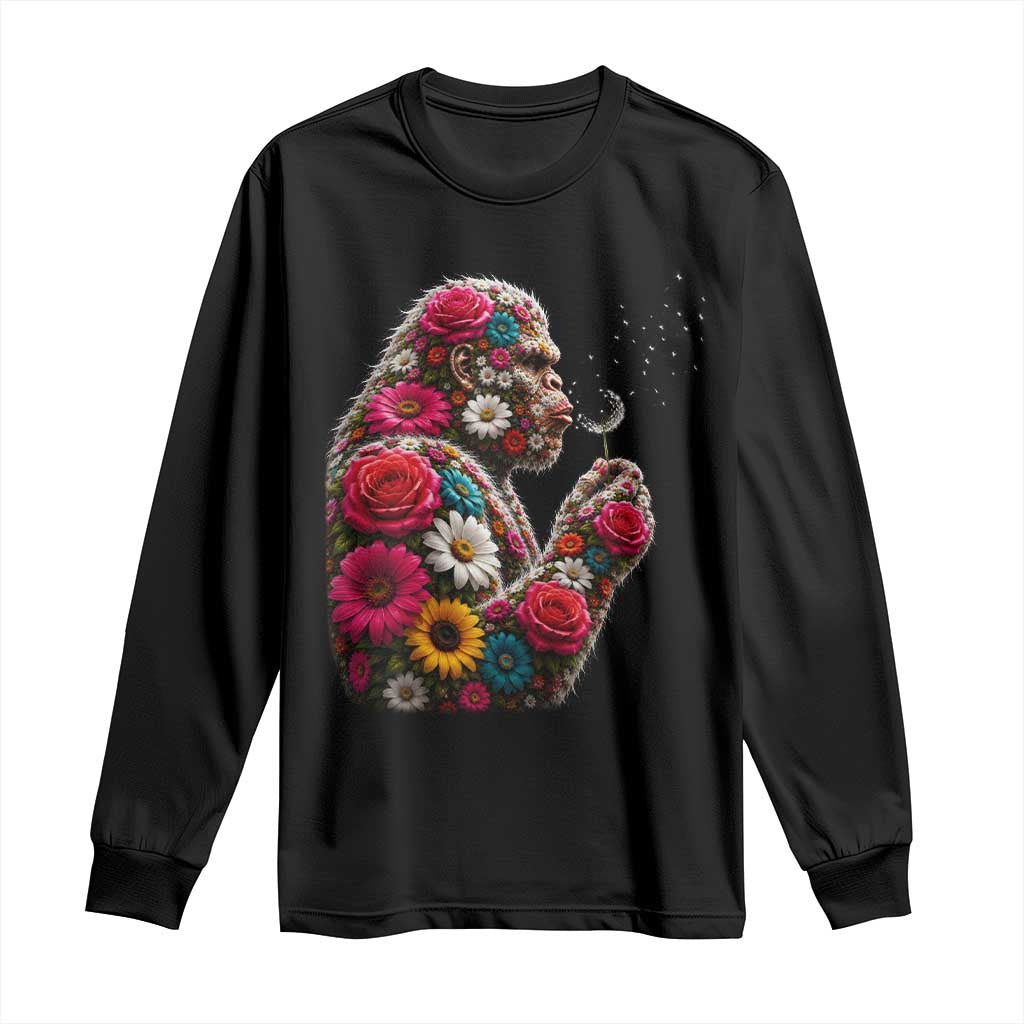 Floral Bigfoot Blowing Wishes Dandelion Long Sleeve Shirt Vintage Sasquatch Art Botanical Wildlife Graphic TS10 Black Print Your Wear