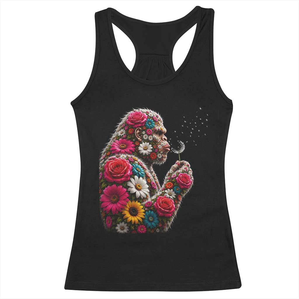 Floral Bigfoot Blowing Wishes Dandelion Racerback Tank Top Vintage Sasquatch Art Botanical Wildlife Graphic TS10 Black Print Your Wear