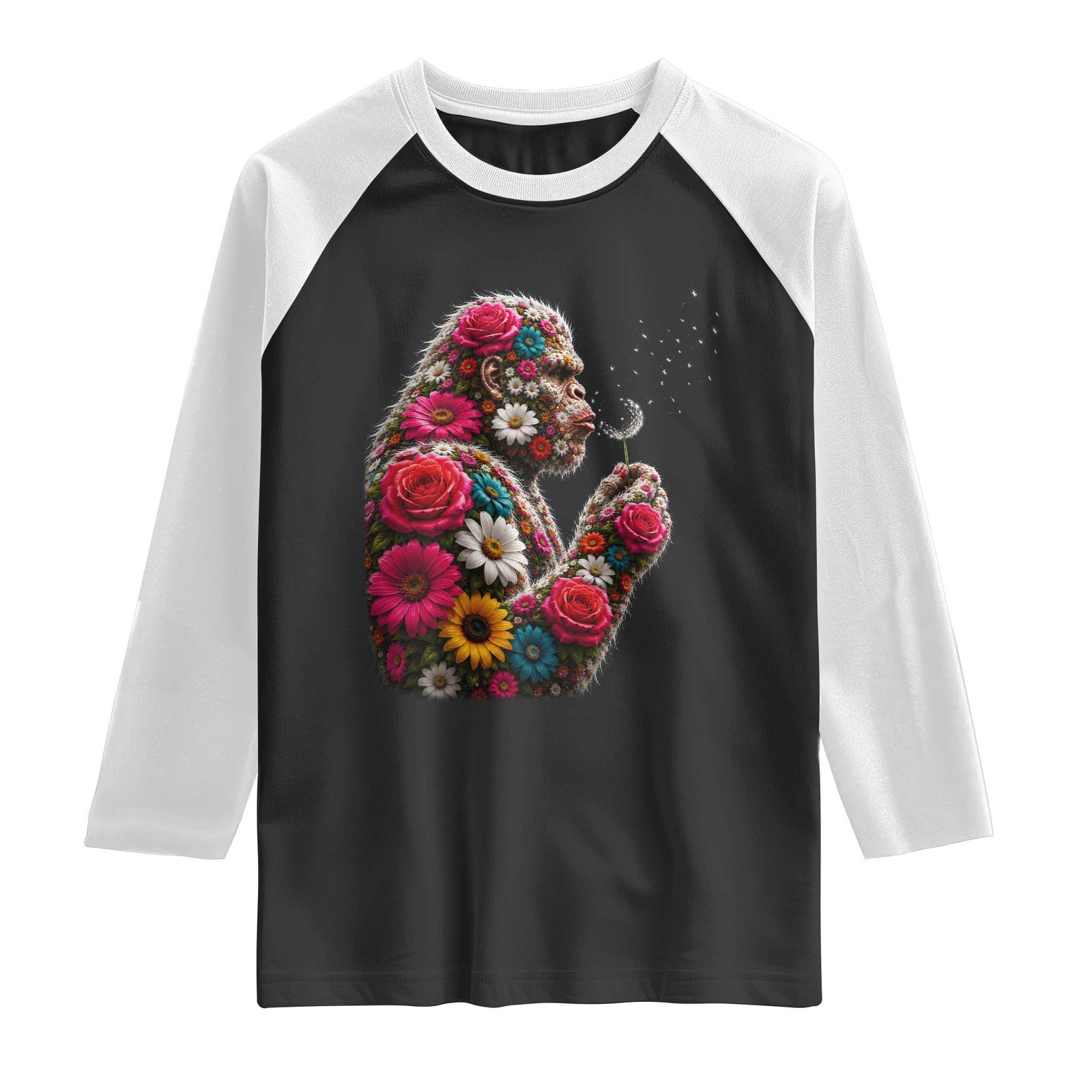 Floral Bigfoot Blowing Wishes Dandelion Raglan Shirt Vintage Sasquatch Art Botanical Wildlife Graphic TS10 Black White Print Your Wear