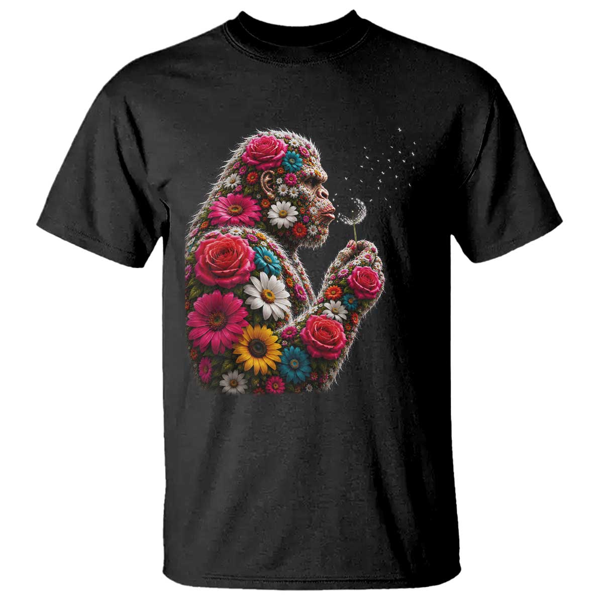 Floral Bigfoot Blowing Wishes Dandelion T Shirt Vintage Sasquatch Art Botanical Wildlife Graphic TS10 Black Print Your Wear