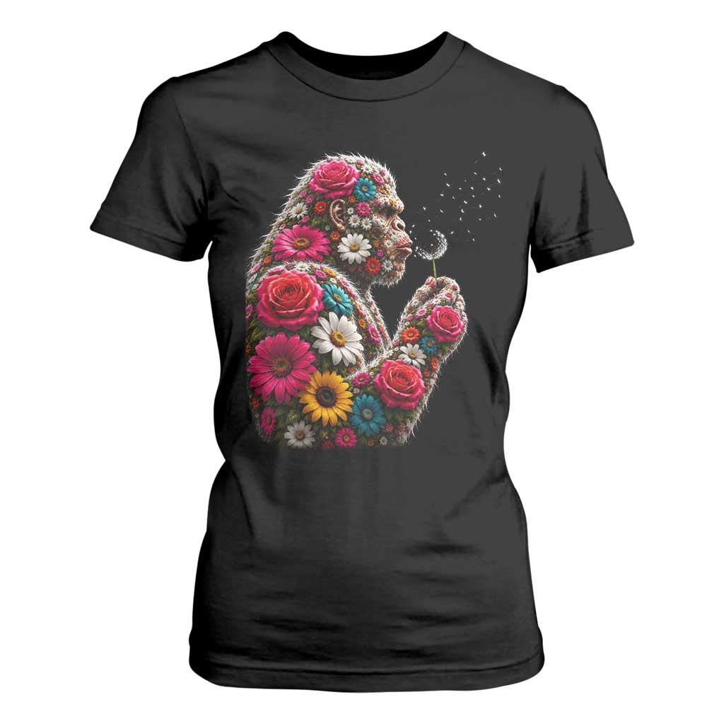 Floral Bigfoot Blowing Wishes Dandelion T Shirt For Women Vintage Sasquatch Art Botanical Wildlife Graphic TS10 Black Print Your Wear