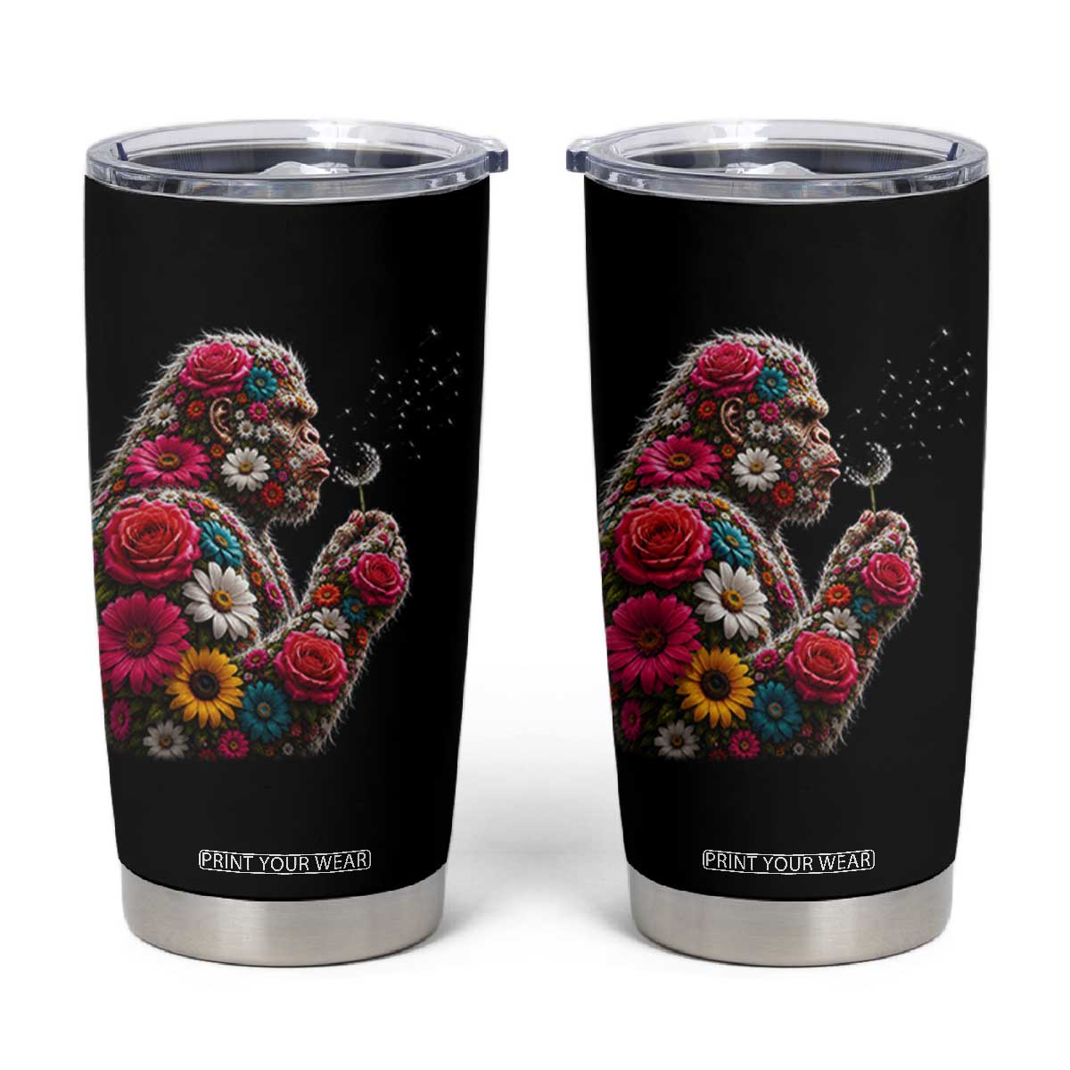 Floral Bigfoot Blowing Wishes Dandelion Tumbler Cup Vintage Sasquatch Art Botanical Wildlife Graphic TS10 Black Print Your Wear