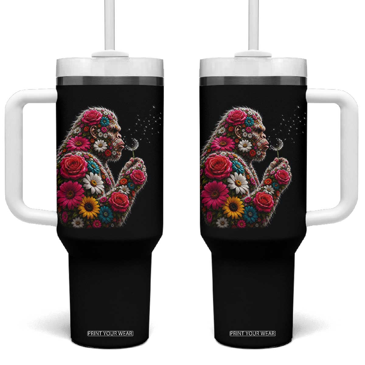 Floral Bigfoot Blowing Wishes Dandelion Tumbler With Handle Vintage Sasquatch Art Botanical Wildlife Graphic TS10 One Size: 40 oz Black Print Your Wear