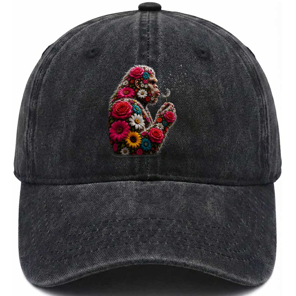 Floral Bigfoot Blowing Wishes Dandelion Washed Cotton Baseball Cap Vintage Sasquatch Art Botanical Wildlife Graphic TS10 Print Your Wear