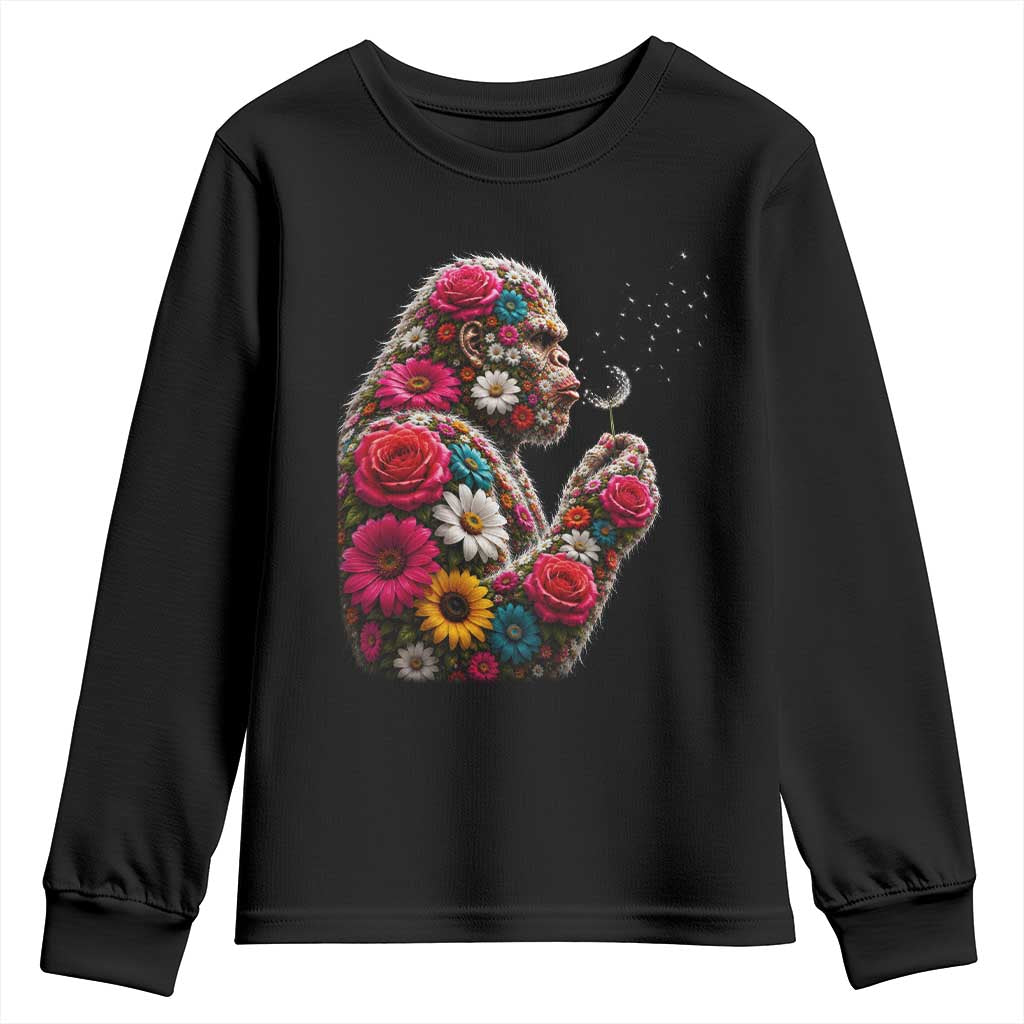 Floral Bigfoot Blowing Wishes Dandelion Youth Sweatshirt Vintage Sasquatch Art Botanical Wildlife Graphic TS10 Black Print Your Wear