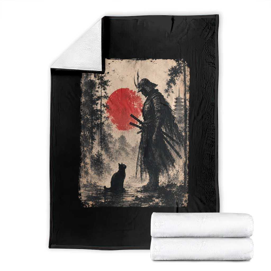 Vintage Japanese Samurai Warrior and Black Cat Throw Blanket TS10 Black Print Your Wear