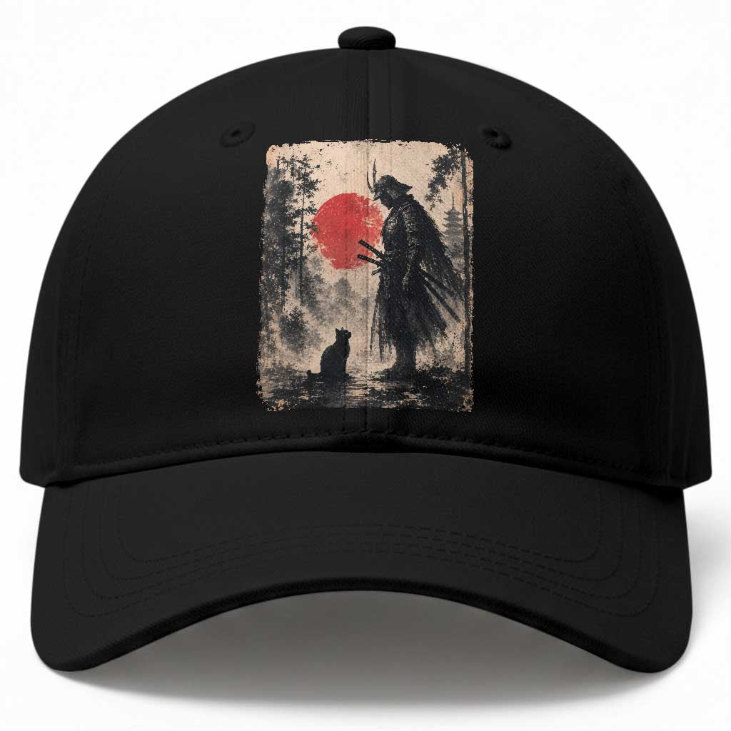 Vintage Japanese Samurai Warrior and Black Cat Baseball Cap TS10 Print Your Wear