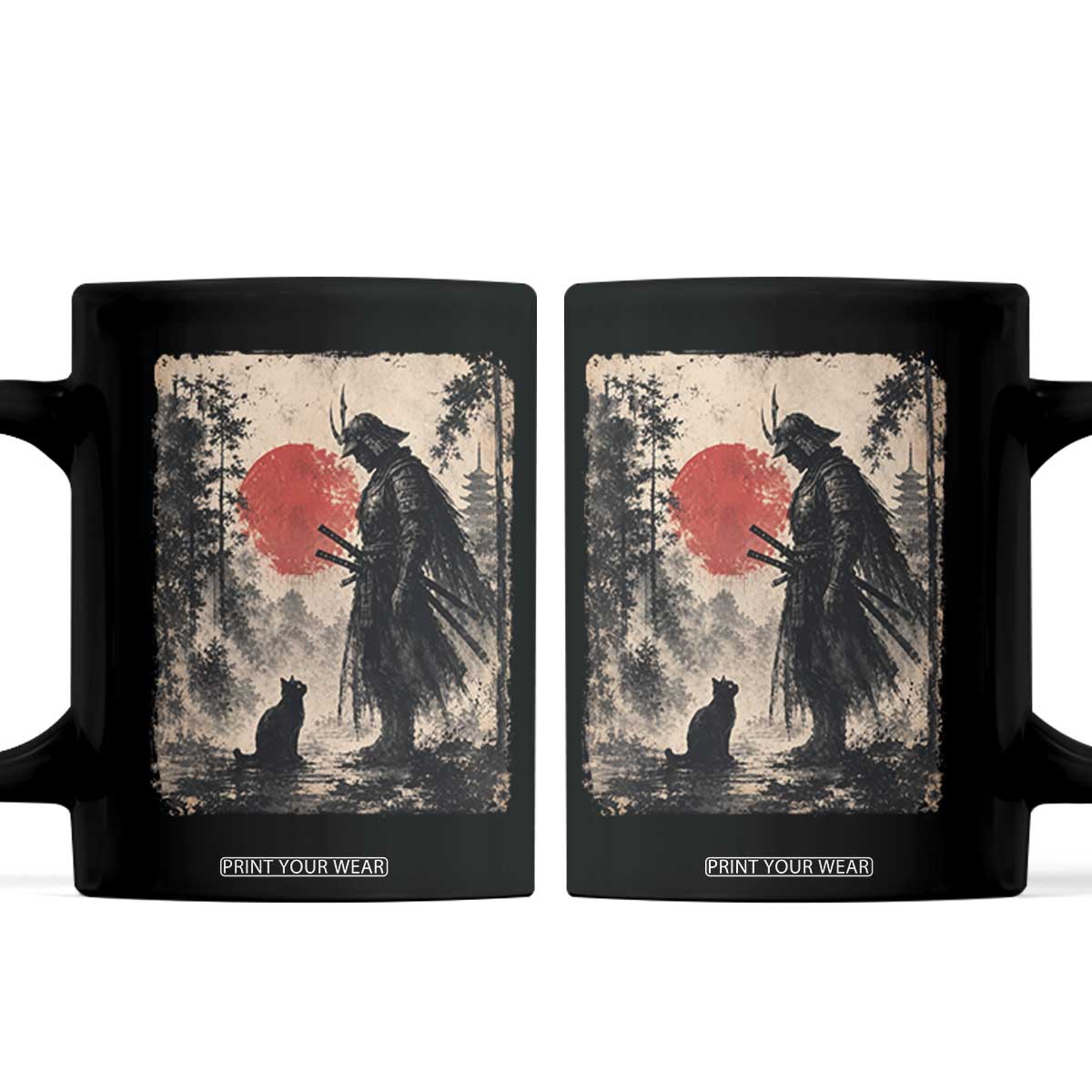 Vintage Japanese Samurai Warrior and Black Cat Coffee Mug TS10 Black Print Your Wear