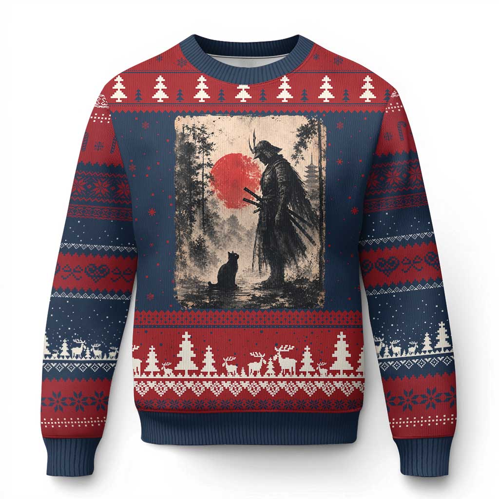 Vintage Japanese Samurai Warrior and Black Cat Ugly Christmas Sweater TS10 Navy Red Print Your Wear
