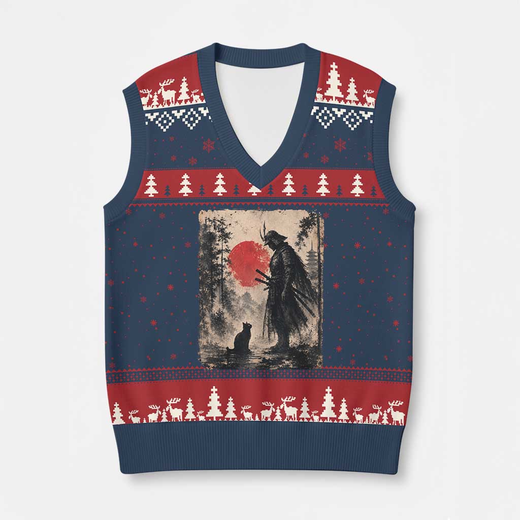Vintage Japanese Samurai Warrior and Black Cat V-Neck Knit Sweater Vest TS10 Navy Red Print Your Wear